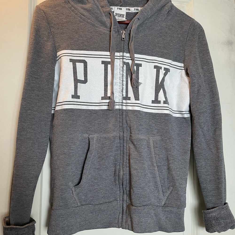 VS PINK Grey Full Zip Logo Hoodie Small